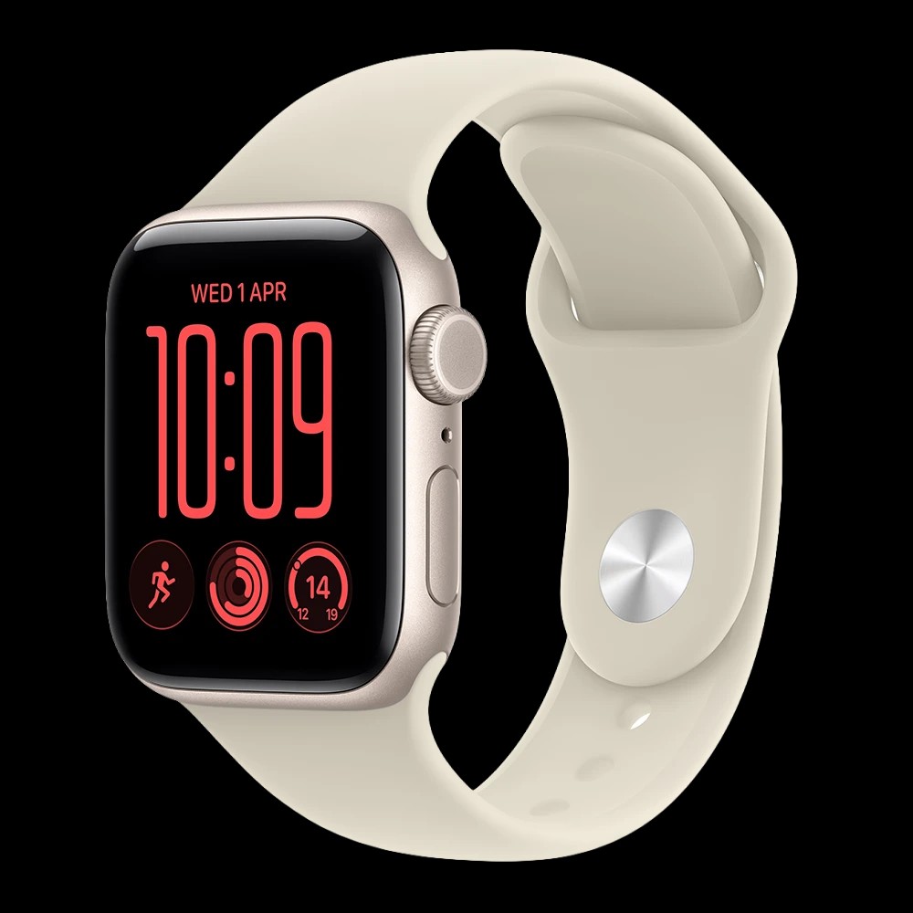 Apple Watch SE 40mm in starlight aluminium with sand Sport Band, shown at an angled front view displaying a digital watch face and fitness activity metrics.