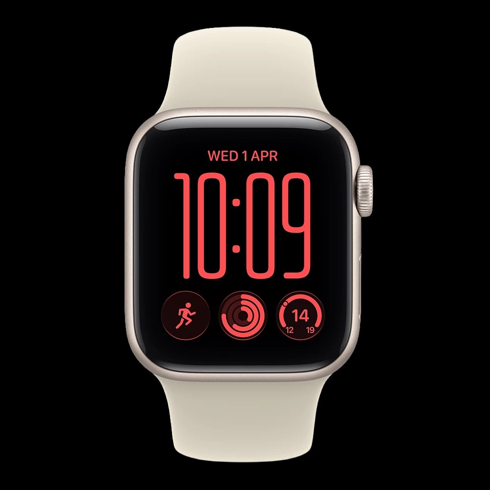 Apple Watch SE 40mm in starlight aluminium with sand Sport Band, front view showing a digital watch face with time display and fitness activity metrics.