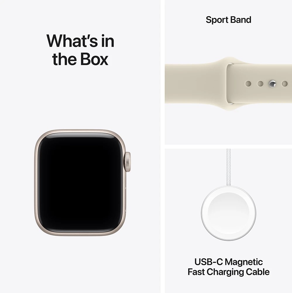 Apple Watch SE box contents including the 40mm starlight aluminium watch case, sand Sport Band and USB‑C magnetic fast charging cable.