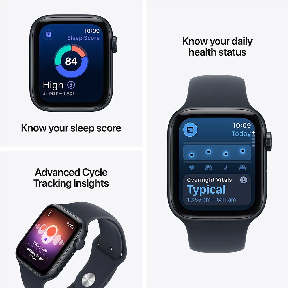 Apple Watch SE 40mm smartwatch highlighting health monitoring features with screens showing sleep score, overnight vitals, and advanced cycle tracking insights.
