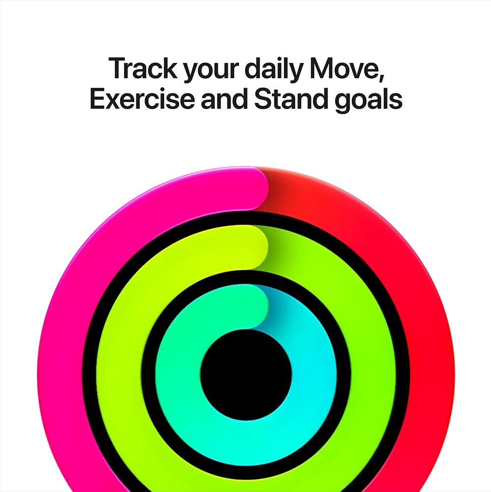 Apple Watch Activity Rings graphic showing Move, Exercise and Stand goals tracking progress with colorful concentric fitness rings.