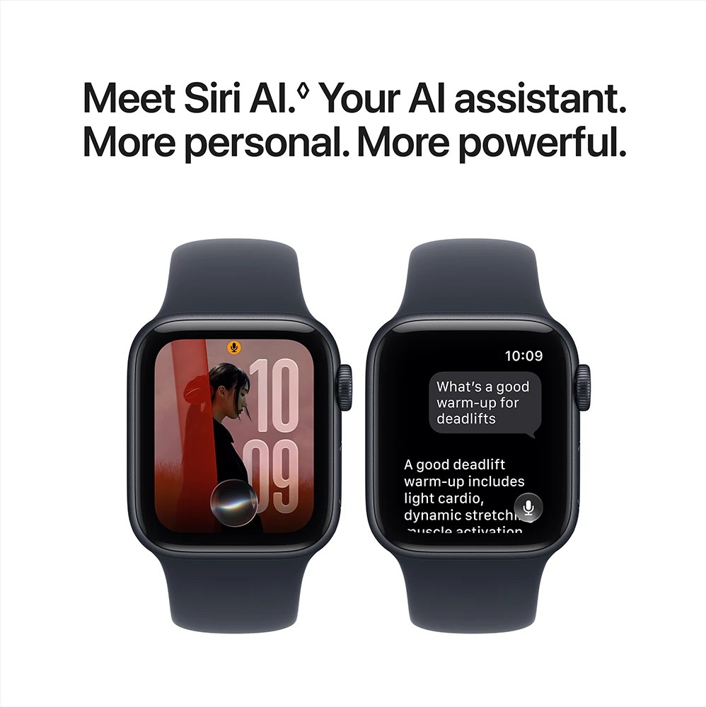 Apple Watch SE showcasing Siri AI assistant features, with screens displaying voice interaction and AI-powered responses on a midnight aluminium smartwatch.