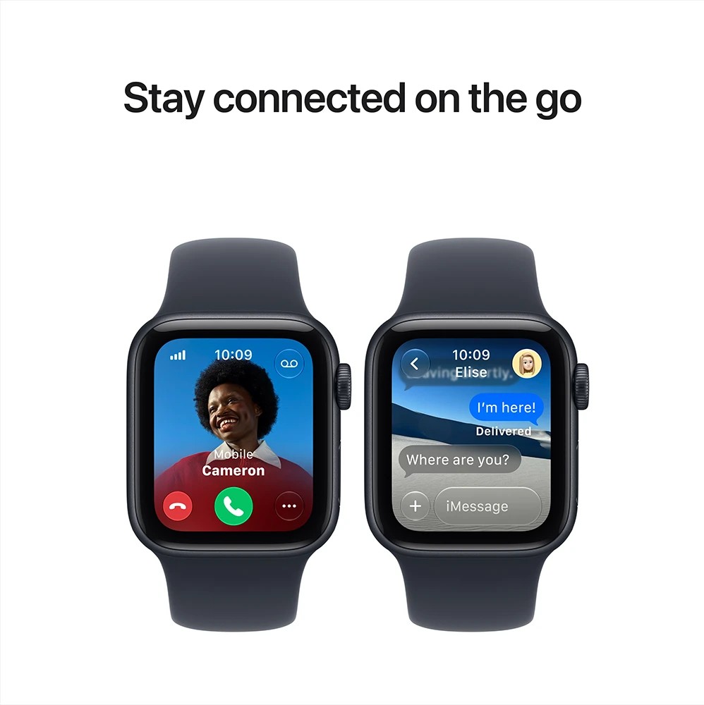Apple Watch SE showcasing calling and messaging features, with screens displaying a phone call and text conversation to help users stay connected on the go.