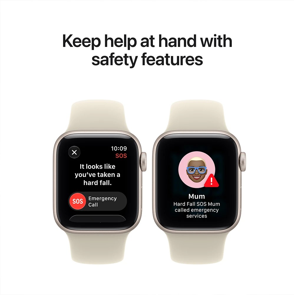 Apple Watch SE safety features showing Fall Detection and Emergency SOS, with alerts for a hard fall and emergency contact notifications.