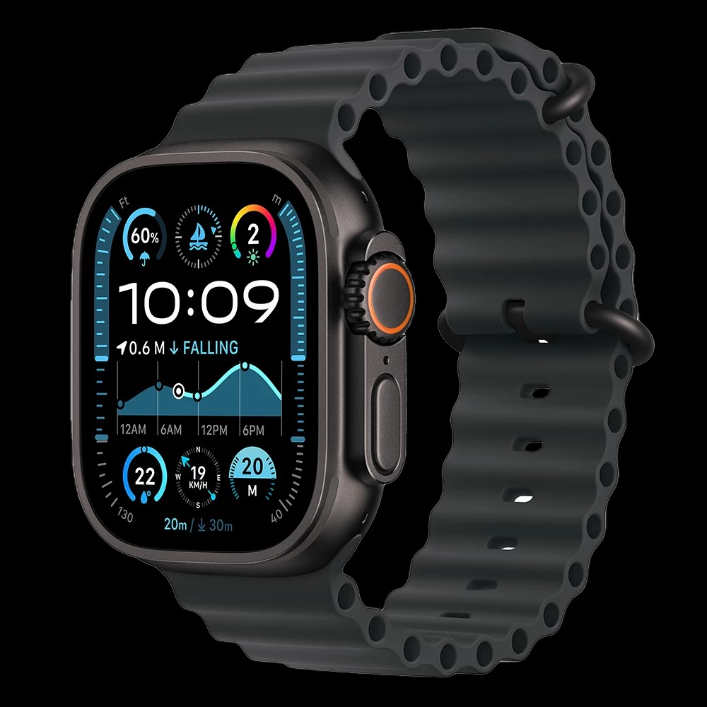 Apple Watch Ultra 2 49mm Black Titanium Case with Black Ocean Band angled front