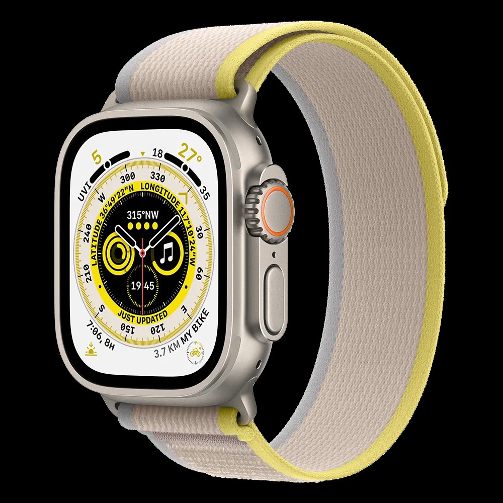 Apple Watch Ultra case colour Titanium case size 49mm Band name Trail Loop Band Color Yellow/Beige
