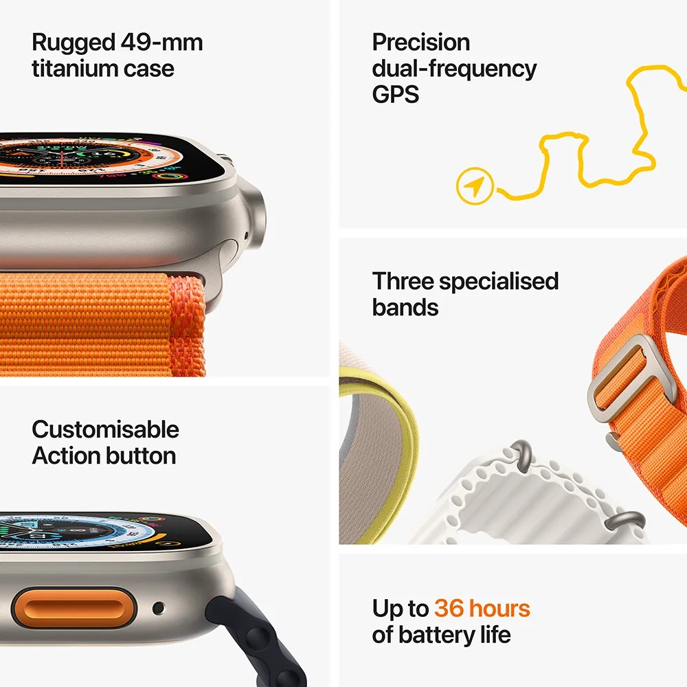 Apple Watch Ultra case colour Titanium case size 49mm Band name Trail Loop Band Color Yellow/Beige