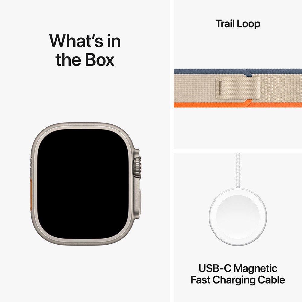 Apple Watch Ultra case colour Titanium case size 49mm Band name Trail Loop Band Color Orange/Beige