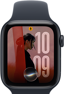 Apple Watch SE 3, aluminium case, midnight colour, personalised photo on watch face with Siri app complication, right side exterior, Digital Crown, Sport Band, black colour