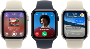 Three Apple Watch SE 3 devices next to each other, one showing the Apple Music app, one showing an incoming phone call and one showing a Messages exchange