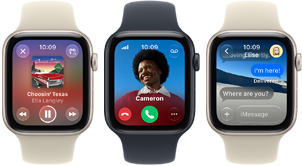 Three Apple Watch SE 3 devices next to each other, one showing the Apple Music app, one showing an incoming phone call and one showing a Messages exchange