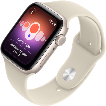 Apple Watch SE 3, aluminium case, starlight colour, Cycle Tracking with different menstrual symptoms, right side exterior, Digital Crown, side button, Sport Band, sand colour