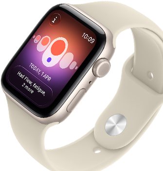 Apple Watch SE 3, aluminium case, starlight colour, Cycle Tracking with different menstrual symptoms, right side exterior, Digital Crown, side button, Sport Band, sand colour