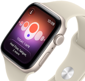 Apple Watch SE 3, aluminium case, starlight colour, Cycle Tracking with different menstrual symptoms, right side exterior, Digital Crown, side button, Sport Band, sand colour