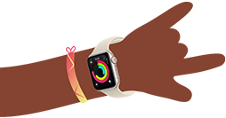 Cartoon illustration of two kids’ arms, both wearing Apple Watch SE 3, one with Activity app, one with Messages app