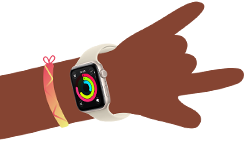 Cartoon illustration of two kids' arms, both wearing Apple Watch SE 3, one with Activity app, one with Messages app