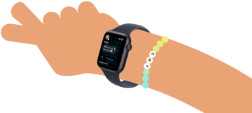 Cartoon illustration of two kids’ arms, both wearing Apple Watch SE 3, one with Activity app, one with Messages app
