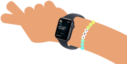 Cartoon illustration of two kids' arms, both wearing Apple Watch SE 3, one with Activity app, one with Messages app