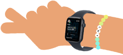 Cartoon illustration of two kids’ arms, both wearing Apple Watch SE 3, one with Activity app, one with Messages app