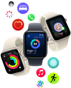 Three Apple Watch SE 3 devices floating next to each other: one with Activity rings, one with sleep score and one showing an incoming text message