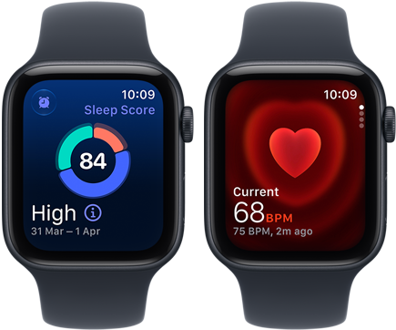 Two Apple Watch SE 3 devices, both with aluminium case, midnight colour with navy blue Sport Band, one showing sleep score, one showing Heart rate app, right side exterior, Digital Crown