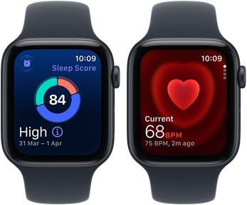 Two Apple Watch SE 3 devices, both with aluminium case, midnight colour with navy blue Sport Band, one showing sleep score, one showing Heart rate app, right side exterior, Digital Crown