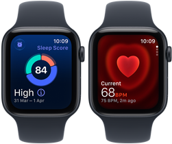 Two Apple Watch SE 3 devices, both with aluminium case, midnight colour with navy blue Sport Band, one showing sleep score, one showing Heart rate app, right side exterior, Digital Crown