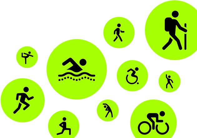 Workout icons, stick people running, walking, swimming, using wheelchair, hiking, cycling, lunging, dancing, stretching and doing yoga
