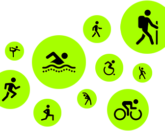 Workout icons, stick people running, walking, swimming, using wheelchair, hiking, cycling, lunging, dancing, stretching and doing yoga