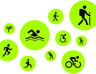 Workout icons, stick people running, walking, swimming, using wheelchair, hiking, cycling, lunging, dancing, stretching and doing yoga
