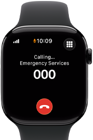 Apple Watch Series 11, aluminium jet black case, emergency call to 911 on screen, right side exterior: Digital Crown, black Sport Band