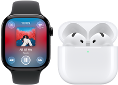 Apple Watch Series 11, titanium slate case, band: black sport band, Apple Music app open, paired with AirPods 4