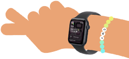 Cartoon illustration of kid's wrist wearing Apple Watch SE 3 with the Messages app open on the screen