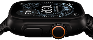 Apple Watch Ultra 3, side exterior, black titanium case, compass on Orienteering watch face, side button and digital crown