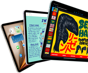 Three iPad Air displays showing iPadOS and app features