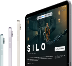 Side view of three iPad Air models, a fourth iPad Air model is showing Apple TV+ show Silo
