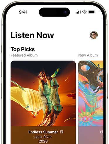 iPhone 15 with Apple Music showing Top Picks