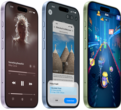 iPhone 17 devices, exterior front, exterior side, demonstrating Apple Music, Visual intelligence, gaming, buttons: Action button, volume